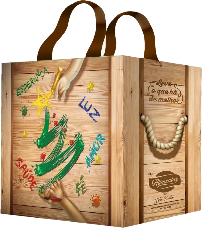 Ecobag de Natal Alimentar 2026 por Ivan Coelho, com alças e estampa de madeira