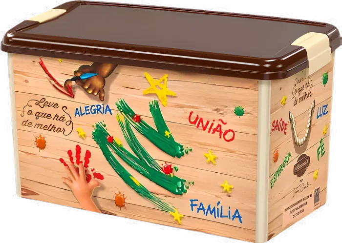Organizador de Natal Alimentar 2026, caixa com tampa marrom e palavras como união, família e alegria