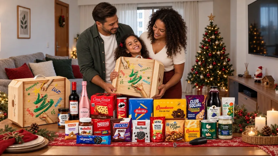 Família sorrindo segurando a maleta de Natal Alimentar, com a mesa cheia de produtos da cesta